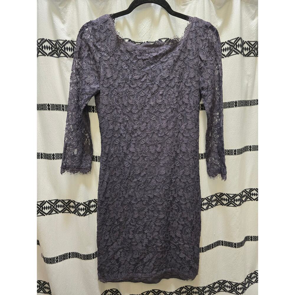 Diane Von Furstenberg gray floral eyelash lace mini bodycon‎ dress 3/4 sleeves